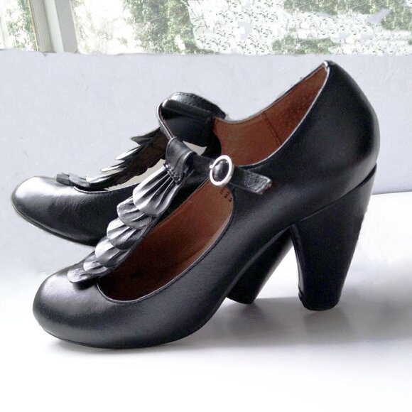 Crown Vintage Shoes - Crown Vintage Black Leather Ruffled T-Strap Baby Jane Heels Sz8